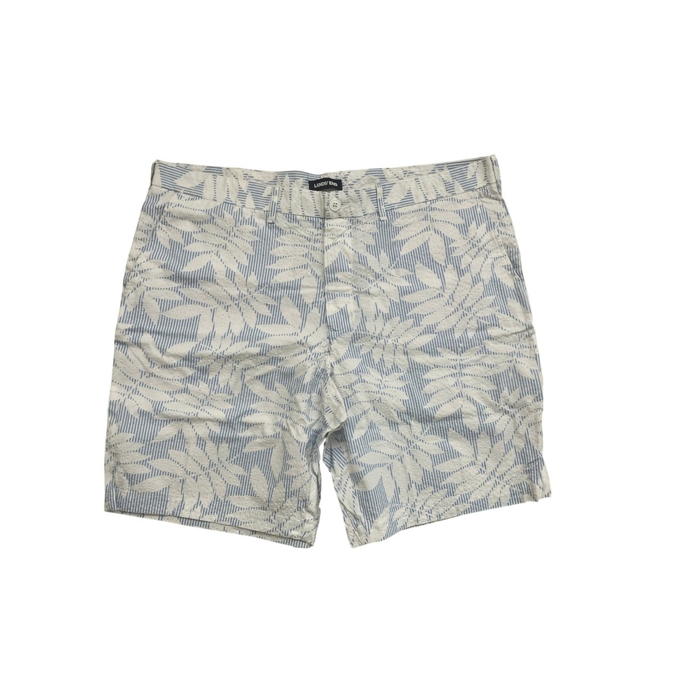 Lands End Mens 40 Traditional Fit Seersucker Shorts Blue White Leaf Print 9in